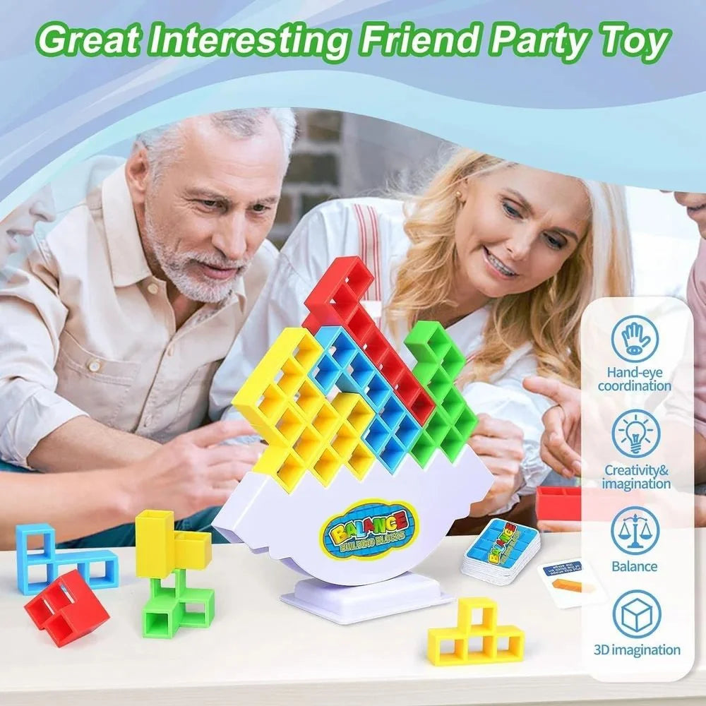 Colorful puzzle toy with text 'Great Interesting Friend Party Toy' above, showing two people playing with it.