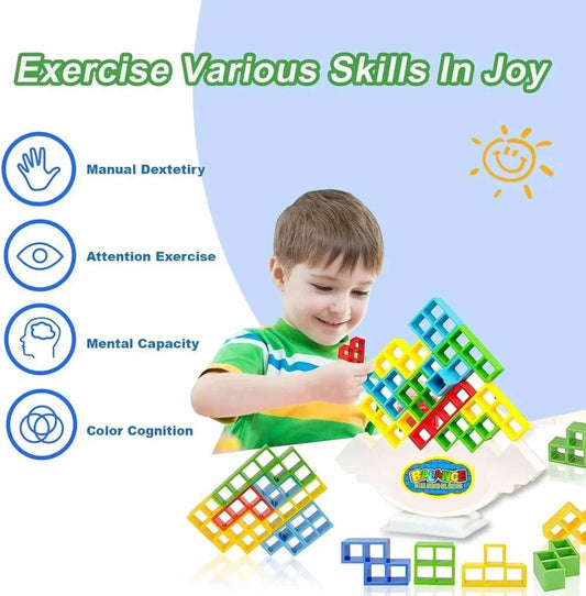 Child playing with colorful puzzle pieces on a white background with text about skills developed.
